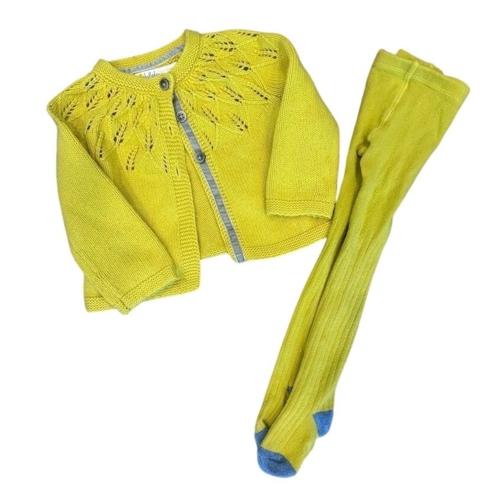 Baby Boden mustard knit cardigan sweater 3-6 mos matching tights preppy heritage